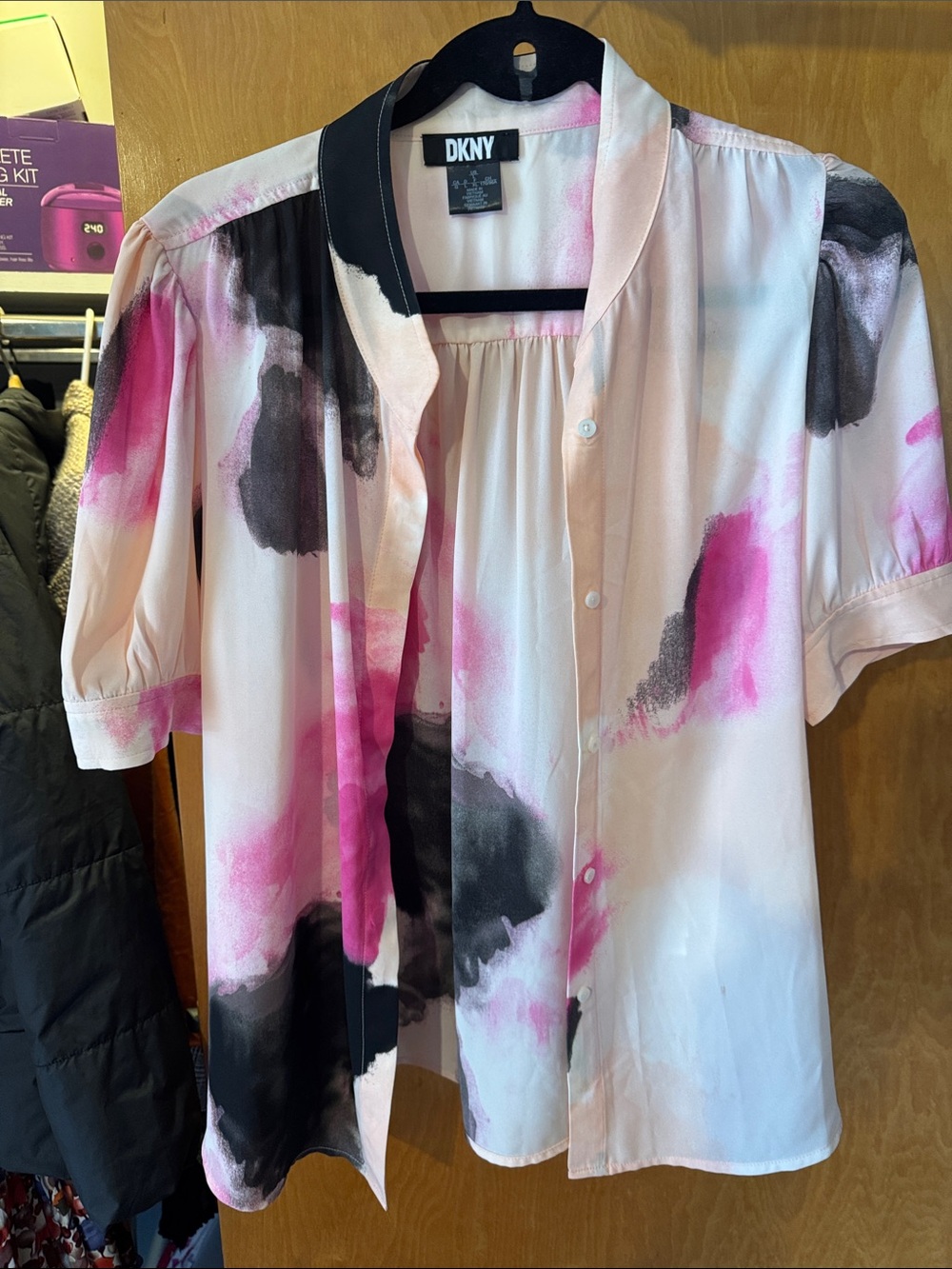 DKNY Pink, Black & White Watercolor Short-Sleeve Blouse